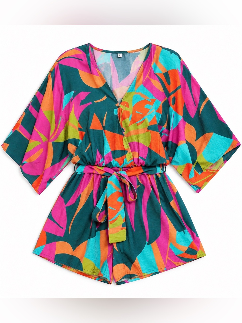 CUPSHE XL Tropical Abstract Print Belted Kimono Sleeve Romper Like New